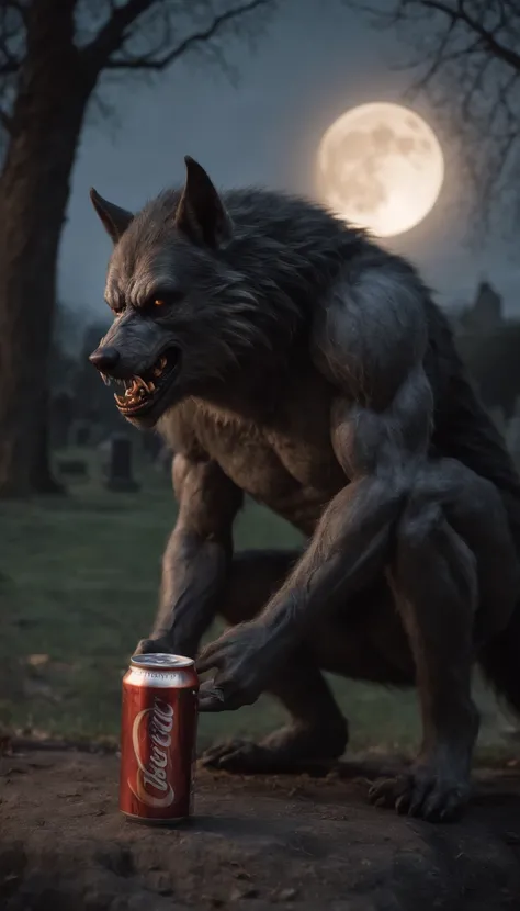 A photo of a werewolf drinking a can of energy drink, cemetery background, dark and horror atmosphere, full moon, intricate details, cinematic light, dramatic colors, ultrarealistic, ultradetailed, 8k