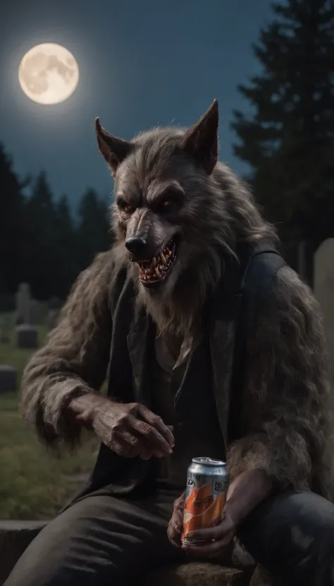 A photo of a werewolf drinking a can of energy drink, cemetery background, dark and horror atmosphere, full moon, intricate details, cinematic light, dramatic colors, ultrarealistic, ultradetailed, 8k