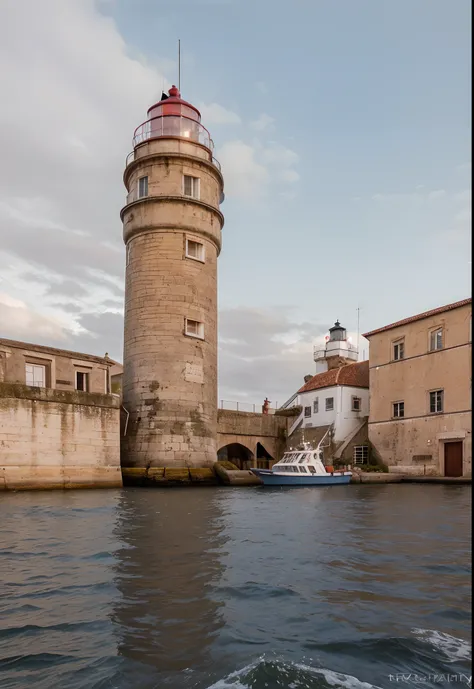 very detailed pohotography of a lighthouse in a port seen from the sea, english style, hyperrealism