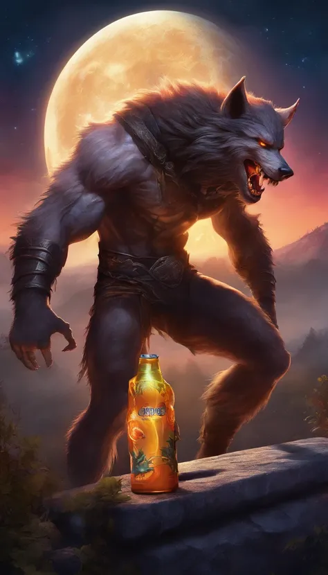 A photo of a werewolf drinking a can of energy drink, cemetery background, dark and horror atmosphere, full moon, intricate details, cinematic light, dramatic colors, ultrarealistic, ultradetailed, 8k