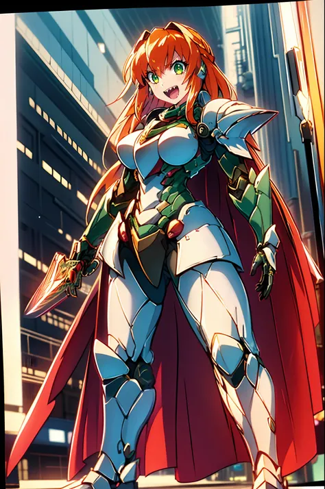 excel, orange hair, smile, fang, open mouth, green eyes,standing, medium breast, pants, pullover, , full body,knight armor, armore, sword holding, fantasy cyberpunk city magic