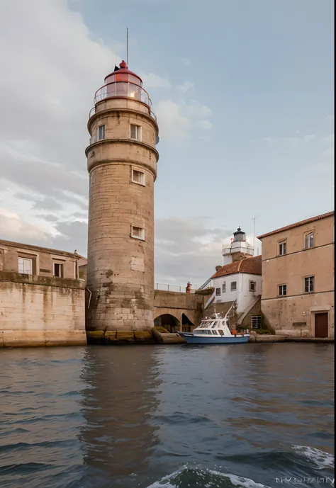 very detailed pohotography of a lighthouse in a port seen from the sea, english style, hyperrealism