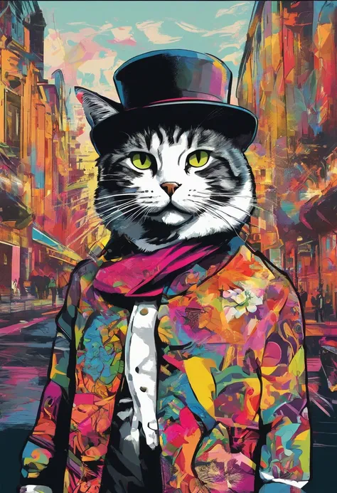 A painting of a cat wearing a black hat and scarf，Popular at art stations，Wearing a black suit，Detailed hyper-realistic rendering，British gang members，Street style，intimidating pose，planet of cats，Stylish clothes，urbansamurai，Mewtwo，West Slavic features，8 ...