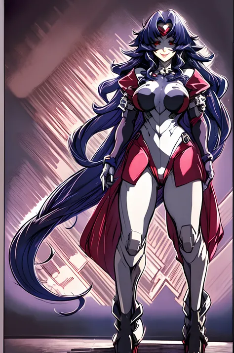 leotard, calm facial exprecion, blue hair, red eye, leotard, big shoulders, sleeves, medium breast, boots, long hair, skirt, smile, half lips stic inferion lip, red lipstic, long hair, messy hair, smile, ong hair, standing solo, full body, boots,, body sui...