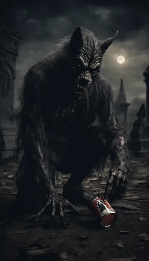 A photo of a werewolf taking a can of energy drink, Cemetery Background, clima sombrio e de terror, lua cheia, intrincate details, cinematic light, dramatic colors, ultrarealista, ultradetalhado, 8k