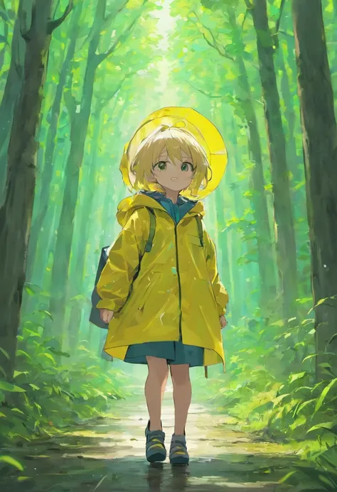 10 year old boy who is wearing a raincoat, does not wear glasses, without cap, carregando uma mochila, Entering the dense woods with a map in my hands