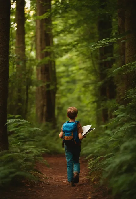 A boy with a map in his hands on his back entering a dense forest