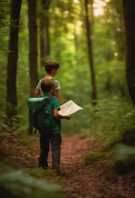 A boy with a map in his hands on his back entering a dense forest