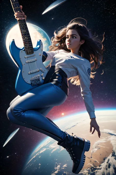 Uma imagem de uma menina bonita no traje espacial, bota espaciais, floating in the space, in the style of precision, tocando guitarra fender stratocaster, pinturas de arquitetura detalhadas, Toonami, Iconic Pop Culture References, Animated Action, comic ar...