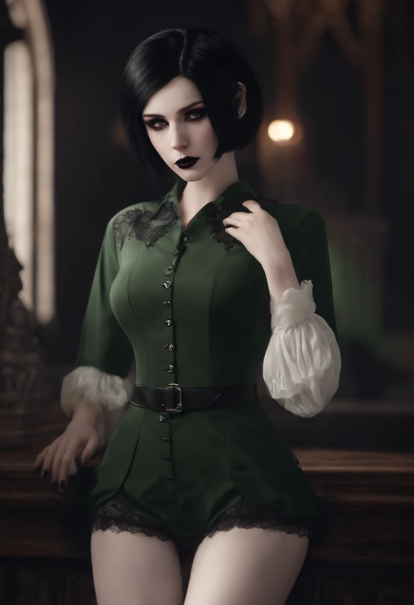 (extremely detailed CG:1.2), (masterpiece:1.2), (best quality:1.2),,((absurdres)),looking at viewer,full body, solo,1girl,goth ,emo ,pale skin,short hai,black hair,20 year old,freckles,black lipstick,eyeshadow,green eyes,vampire,vampire fangs