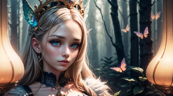 (most detailed),close-up view of a young girl exploring a magical encounter,gigantic mushroom,ethereal butterflies,misty wonderland,enchanting details,(best quality,4k,8k,highres,masterpiece:1.2),ultra-detailed,realistic,beautiful detailed eyes,beautiful d...