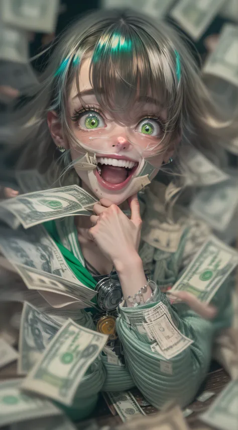 Best Quality, Masterpiece, 8k, RAW, 1 girl, ((greedy)), color-theme green, loads of money everywhere, money stashes in background, background stylised, (laughing frantically:1.4), (Psycho eyes:1.2), green eyes, mental breakdown, eerie, darkness, only money