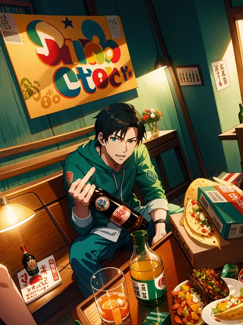 there is a man sitting on a table with a bottle of alcohol, inside a gang hideout, full body potrait holding bottle, getting his tacos and drink), with green hoodie, with cargo pants, bottles of alcohol next to him, giving the middle finger, HD anime pict,...