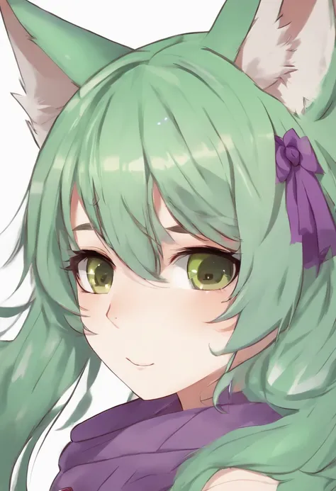 Anime girl with green scarf with purple hair and cat ears, female fursona, female furry mini cute style, Holo is a wolf girl, fursona!!!!, furry fursona, Wolffursona, Fursona Committee, fursona art, cute anime catgirl, In an anime style, holo if a wolf gir...