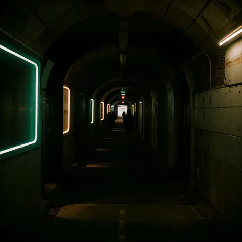 Inside the tunnel where you can go back in time、In the tunnel, lonely neon lights and several people walking back and forth between the future and the past