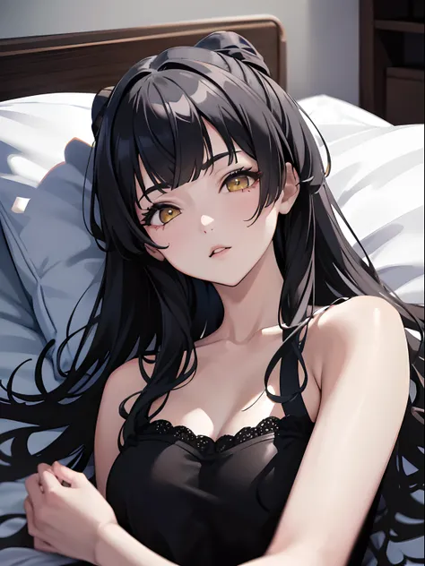 masterpiece, best quality, nsfw, 1girl, black hair, ,yellow eyes, pajama, bedroom, lying on bed, sleeping, eyes closed, detailed...