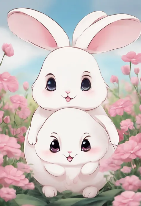 round animal rabbit two-headed bipedal pink oval cute anime cartoon short legged short hand big eyes smile