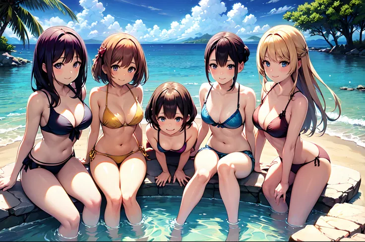 group picture, smile, medium breasts,multiple girls,6+girls,beautiful face,looking at viewer ,realistic,water,bikini,beach,(masterpiece, high quality:1.2)