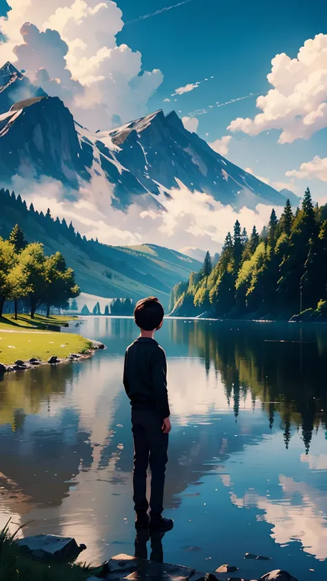 A boy standing in the middle of beautiful landscapes