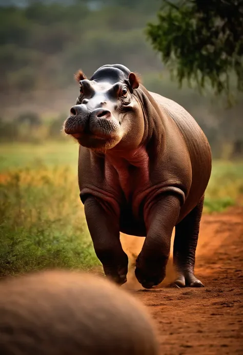 Dancing hippopotamus surrounded by ostriches