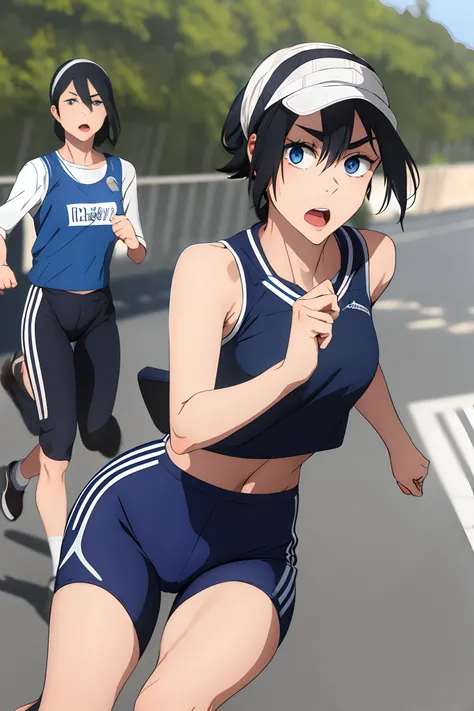 ​masterpiece, top-quality, Hi-Res, 1girl in,perspiring、 Dark hair、perspiring, shorth hair, blue eyess, perspiring、middlebreasts, Tank Tops, Bike Shorts, Midriff, Running, perspiring, open open mouth, plein air