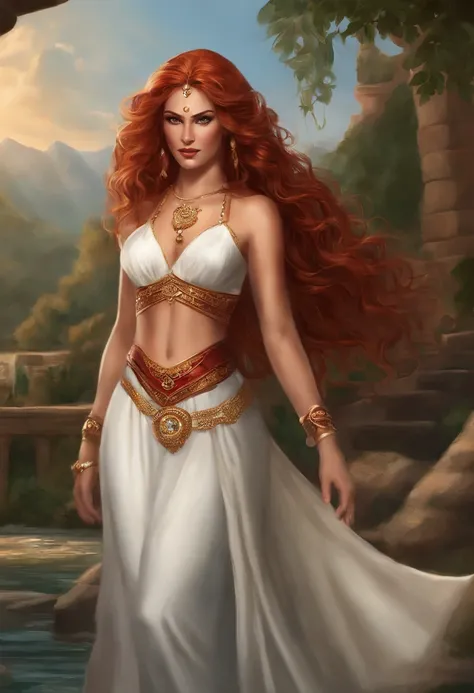 An illustration of Morgiana, a character with long flowing red hair that cascades in waves, reaching down to her hips. Her skin has a smooth and gentle brown tone, beautifully accentuating her vibrant red hair. Her amber eyes convey intensity and determina...