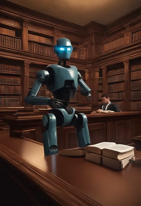 Law students in a forum watching a trial with several law books where we have a robot judge and artificial intelligence