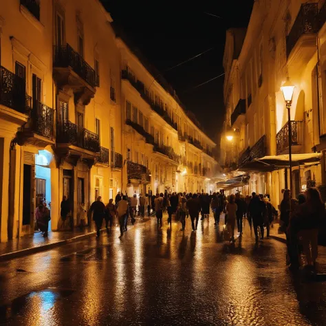 The electric during the night rain，Light up the busy and humid streets of the city of Lisbon。rua de cidade noite chuvosa，As calcadas portuguesas com as chuvas na cidade brilham misteriosamente sob os candeeiros de rua laranja。Bondes descem pelas ruas，Make ...