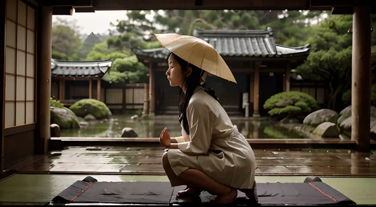 Rainy day in a serene ancient temple, Japanese woman meditating, silhouette, side profile, kneeling on mat, wearing traditional Japanese wide brimmed rain hat, night-time, dusk, rain, rainy, dark trees in background