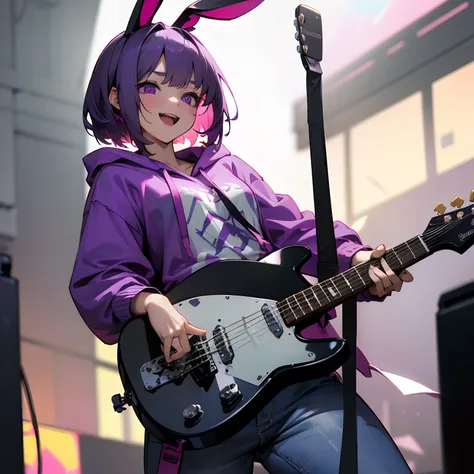 ((Masterpiece)), (High Definition:1.3), (Professional Photography:1.2), 8K, Realistic, Beautiful photo, Cute teenage Beautiful Girl, Slender body, Textured skin, (cinematic lighting),（messy medium bob, purple color hair)、put on Black bunny ears、(oversized ...