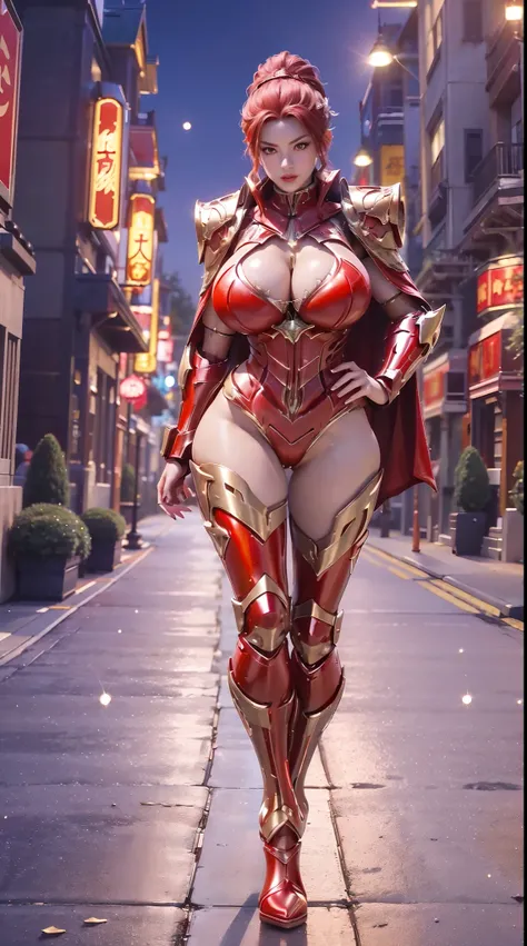 1GIRL, SOLO, (ponytail, hair gold ornament), (BIG BUTTOCKS, HUGE FAKE BOOBS:1.4), (red), (DRAGON MECHA BATTLE ARMOR SUIT, ROYAL CAPE, CLEAVAGE, SKINTIGHT YOGA PANTS, HIGH HEELS:1.5), (GLAMOROUS BODY, SEXY LONG LEGS, FULL BODY:1.5), (FROM FRONT, LOOKING AT ...