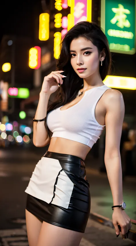 ((best qualtiy, 8K, tmasterpiece:1.3)), Sharp:1.2, perfect figure beautiful woman:1.4, Slim abs:1.2, ((Layered Hair Style, Big breasts:1.1)), Chinese Beauty, the night:1.2，There is a signboard light behind you，On the phone:1.4，Full body photo of a woman，ad...