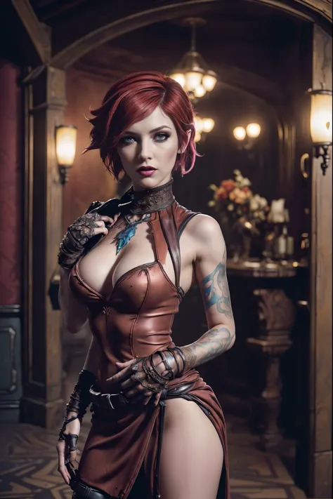 masterpiece, lilith from borderlands, high detail plunging sexy gothic dress, intricately detailed background, (uhd, 8k wallpape...