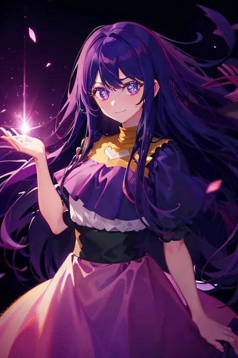 girl with long purple hair, soft smile, looking at the viewer