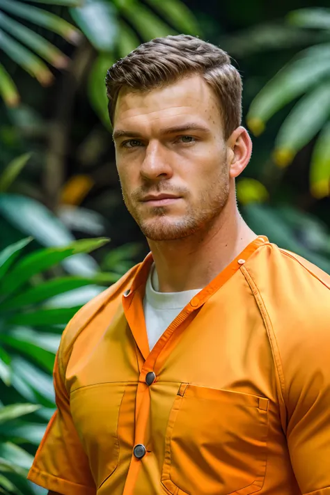 a handsome man in an orange prisoners uniform, in a jungle paradise, (close up), (looking at camera), (candid, amateur), (raw, 8...