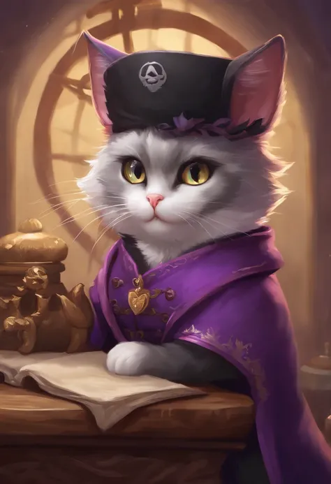 Cartoon cat in pirate costume with purple hat and purple coat, smol fluffy cat wearing smol hat, sora as a cat, anime cat, high quality fan art, anime catgirl, fursona wearing stylish clothes, cute anime catgirl, anthropomorphic cat ninja, anthropomorphic ...