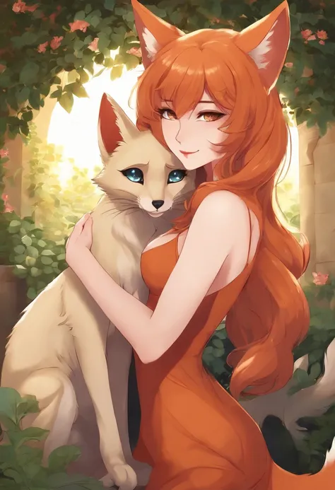 Anthropomorphic Sexy Anime Woman Fox Anthropomorphic Sexy Anime Woman Fox Hugging Two Cats Undressed