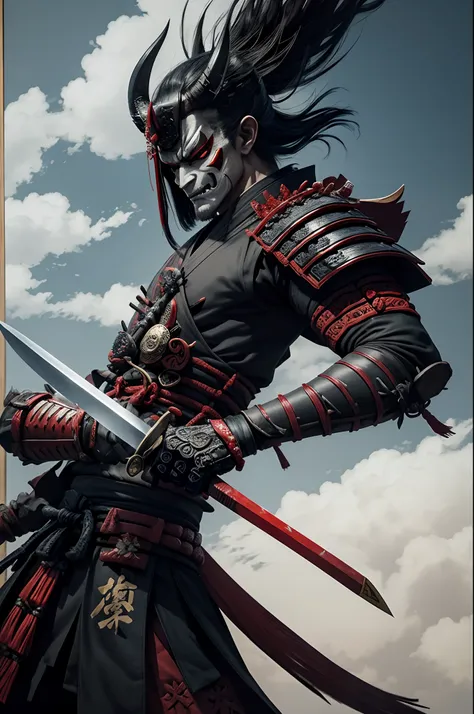 (demon samurai)、(Wearing a demon mask)、独奏、Like the whole body、(Armed with a long sharp knife)、magnificent artwork、((Kyoto Panel Painting Style))、Wind-effect:1.9、Cloud Effects:1.2、Full Rendering、Encaustic Painting