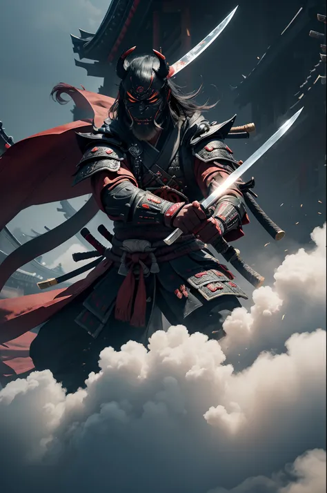 8K,(demon samurai)、(Wearing a demon mask)、独奏、Like the whole body、(Armed with a long sharp knife)、magnificent artwork、((Kyoto Panel Painting Style))、Wind-effect:1.9、Cloud Effects:1.2、Full Rendering、Encaustic Painting,unrealengine