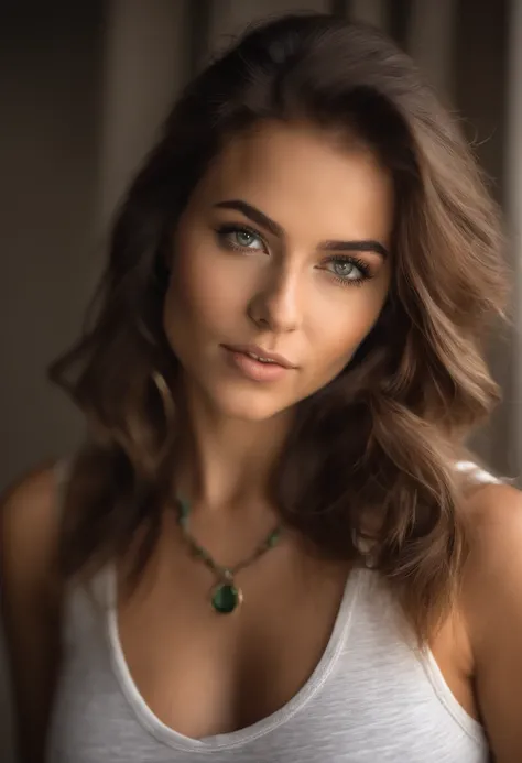 Arafed woman with a white tank top and necklace, latina fille sexy aux yeux verts, Portrait Sophie Mudd, cheveux bruns et grands yeux, selfie of a young woman, Yeux de chambre, Violet Myers, sans maquillage, maquillage naturel, looking straight at camera, ...