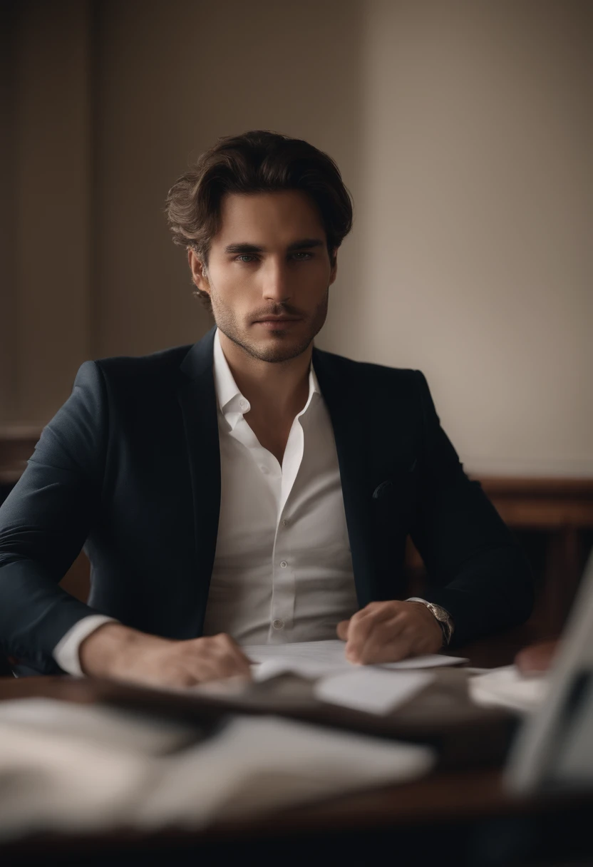 Jeune Homme daffaire, dark brown hair, yeux marron, dans un bureau, ambition, sans barbe