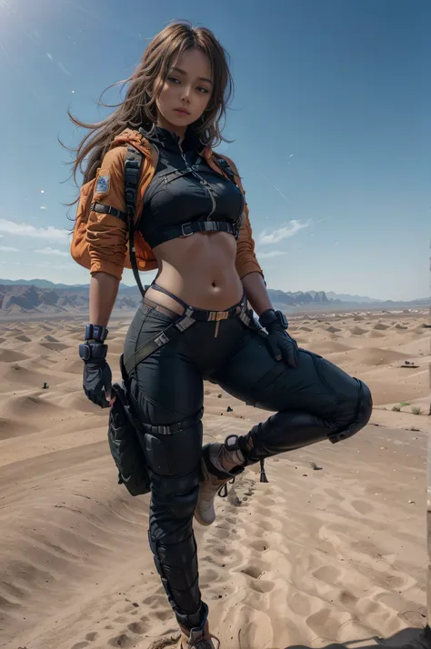 african european girl, in desert with action sport clothes, functional clothes, her clothes are equipped with hanging straps, straps like for parachuting, face, body portrait, standing, , natural body, realistic body, orange jacket, full body, hair in knut...