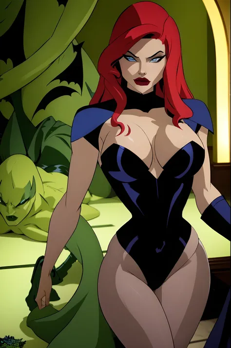 Poison ivy dc comics seducing hugging Batman, Backgroud there is a huge carnivorous plant, detailed, high definicion, obra prima