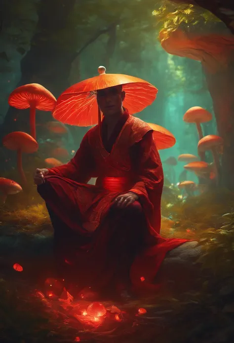 ultra-vibrant neon, vivid colors, highres, 4k wallpaper, ultra-detailed official artwork, made of neon light, neon outlines, stylized design, HD wallpaper, album art, chillpop:1.2, A strong and invincible warrior monk - a magical red fly agaric - the power...