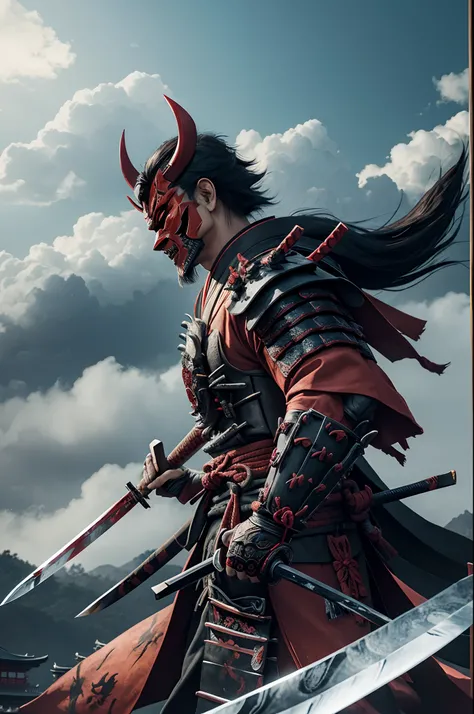 (demon samurai)、(Wearing a demon mask)、独奏、Like the whole body、(Armed with a long sharp knife)、magnificent artwork、((Kyoto Panel Painting Style))、Wind-effect:1.9、Cloud Effects:1.2、Full Rendering、Encaustic Painting,unrealengine,facing front