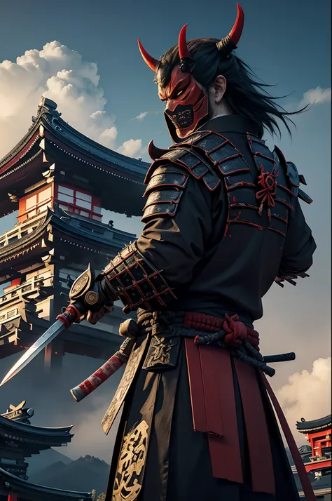 (demon samurai)、(Wearing a demon mask)、独奏、Like the whole body、(Armed with a long sharp knife)、magnificent artwork、((Kyoto Panel Painting Style))、Wind-effect:1.9、Cloud Effects:1.2、Full Rendering、Encaustic Painting,unrealengine,facing front