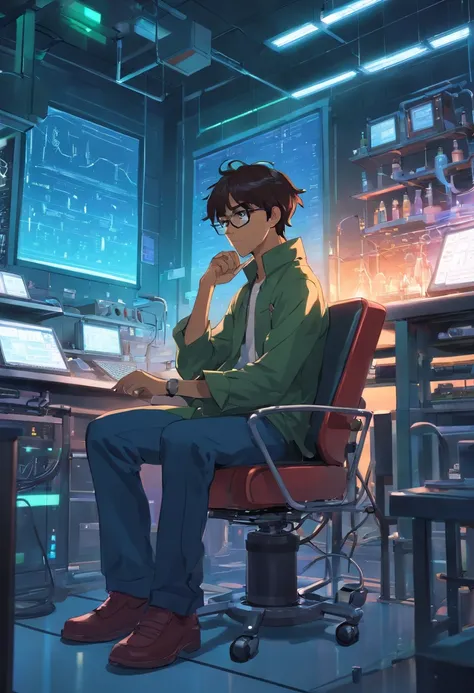 raw, wide angle, A man in a dark laboratory sitting on a chair of the future wears glasses., Reddish black skin, laboratory, hardware, Bright environment, Neon, ((cyberpunked))