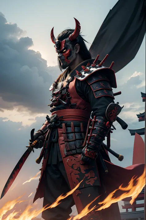 (demon samurai)、(Wearing a demon mask)、独奏、Like the whole body、(Armed with a long sharp knife)、Demon standing facing the front,magnificent artwork、((Kyoto Panel Painting Style))、Wind-effect:1.9、Cloud Effects:1.2、Full Rendering、Encaustic Painting,unrealengin...