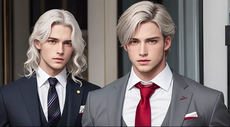 William has white wavy hair with black tips; He is tall with a toned and muscular body, very beautiful bright yellow eyes, an apathetic neltro face with masculine features. William is seen in a chic gray suit with a red colored tie