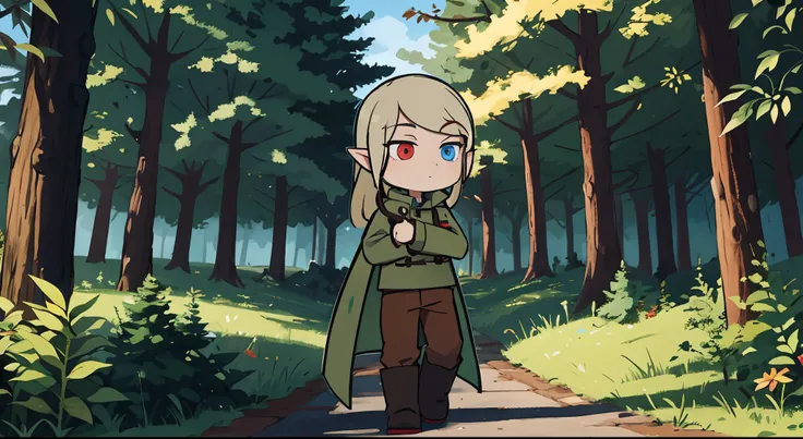 Guy Elf, blonde man, hairlong, Red right eye, The left eye is blue, green raincoat, Khaki shirt, brown pants, Black Boots, One eye is red, Second Blue